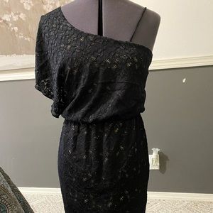 NEW. Black lace one shoulder knee length dress